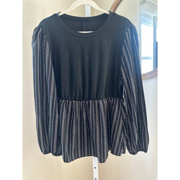 Shein Curve Black Blouse with Striped Puff Sleeves – 1XL - Picture 2 of 5